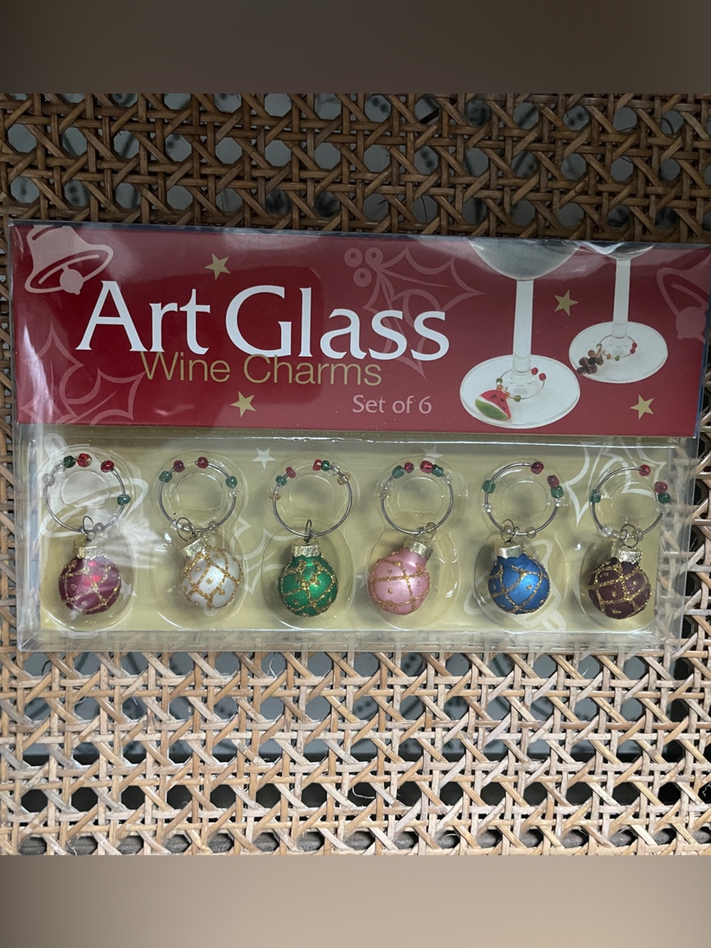 Art Glass Holiday Wine Charms - set of 6, Red, White, Green, Pink, Blue, Brown